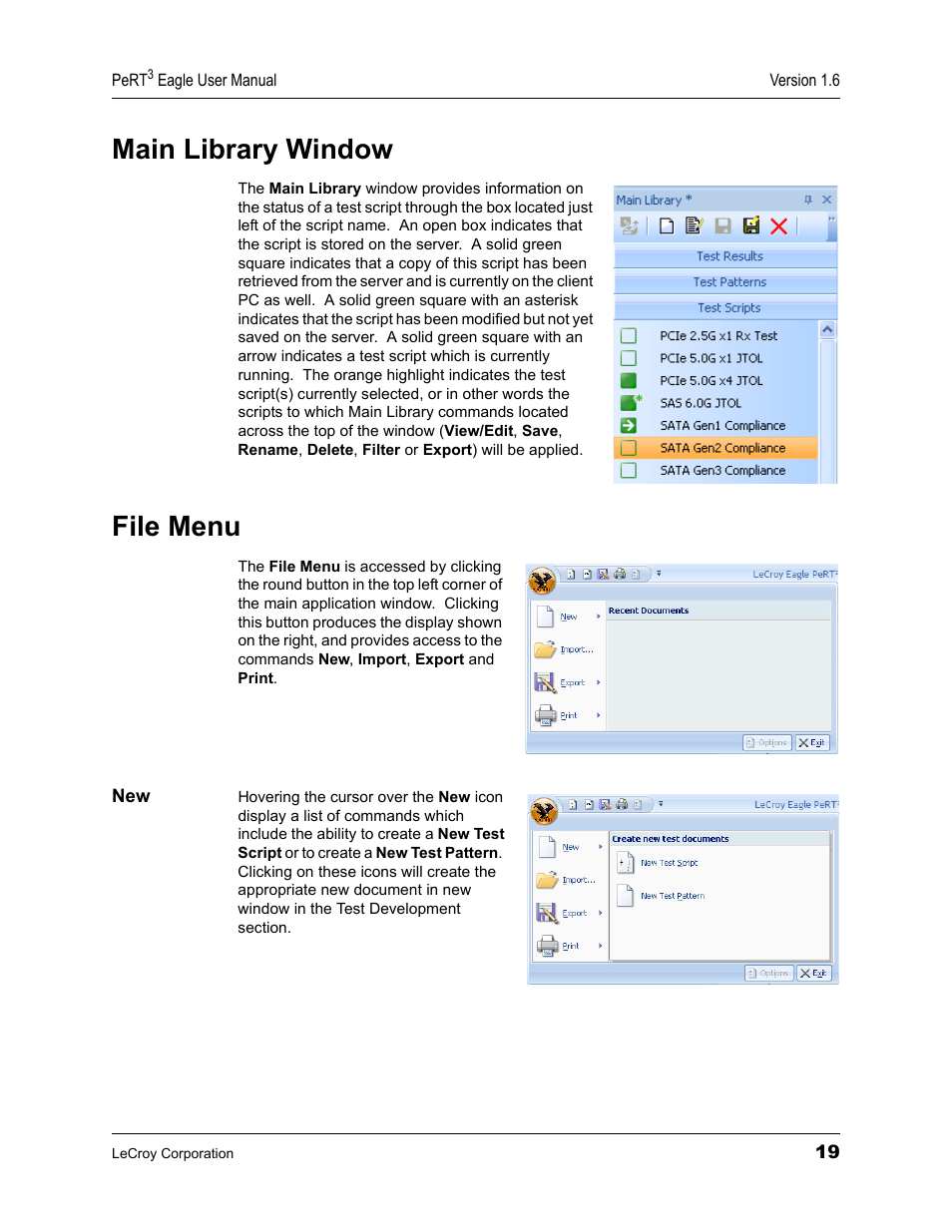 Main library window, File menu, Main library window file menu | Teledyne LeCroy PeRT3 Eagle Systems User Manual | Page 23 / 84