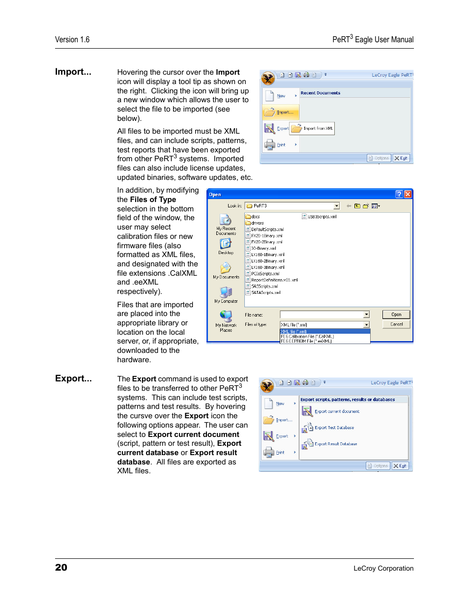 Import, Export, Import export | Teledyne LeCroy PeRT3 Eagle Systems User Manual | Page 24 / 84