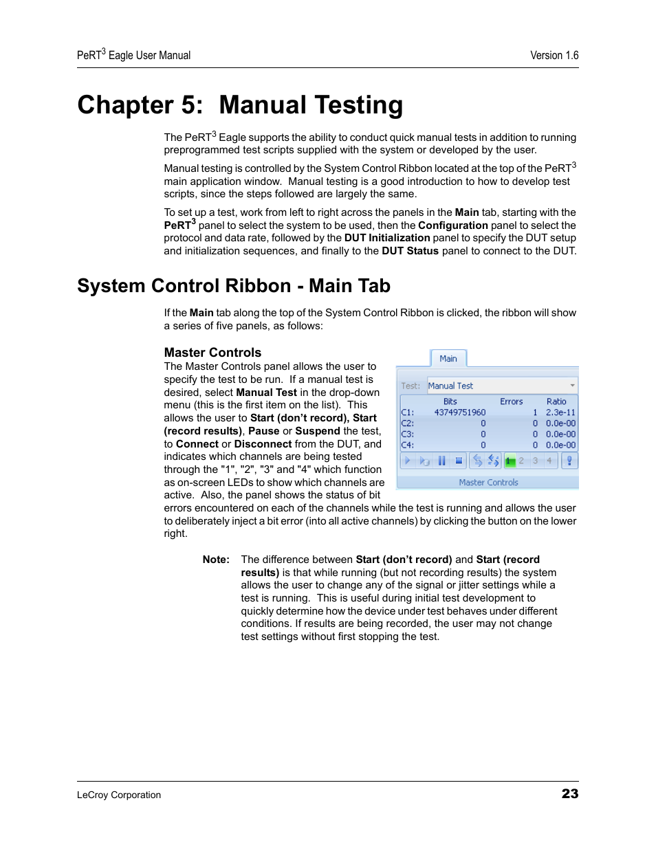 Chapter 5: manual testing, System control ribbon - main tab, Chapter 5 | Manual testing | Teledyne LeCroy PeRT3 Eagle Systems User Manual | Page 27 / 84