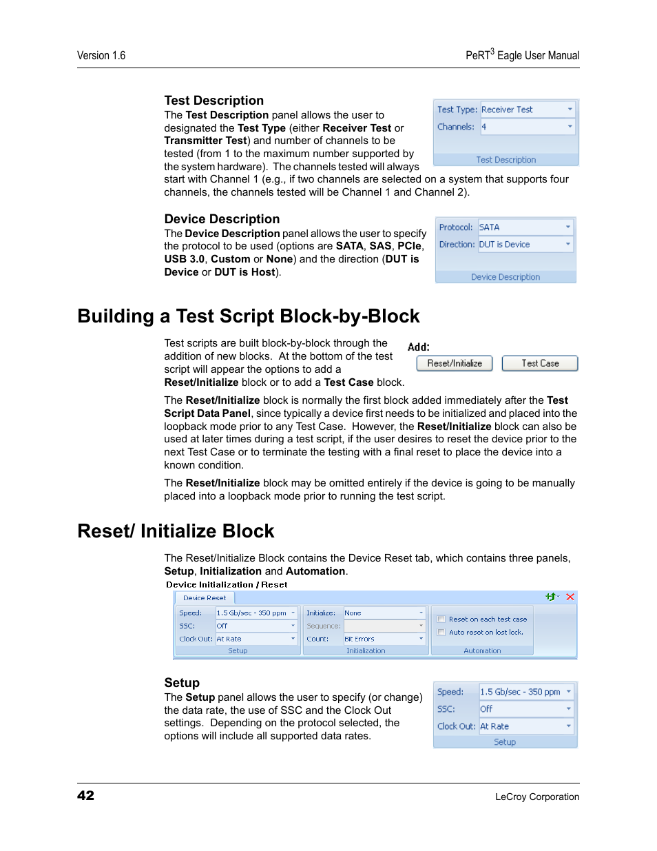 Building a test script block-by-block, Reset/ initialize block | Teledyne LeCroy PeRT3 Eagle Systems User Manual | Page 46 / 84