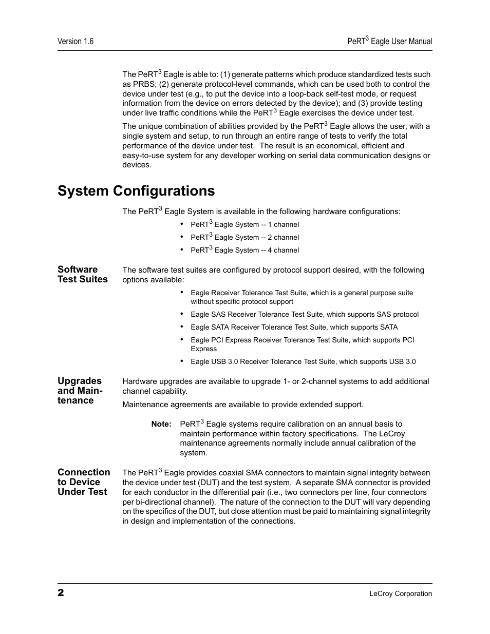 System configurations, Software test suites, Upgrades and main- tenance | Connection to device under test | Teledyne LeCroy PeRT3 Eagle Systems User Manual | Page 6 / 84