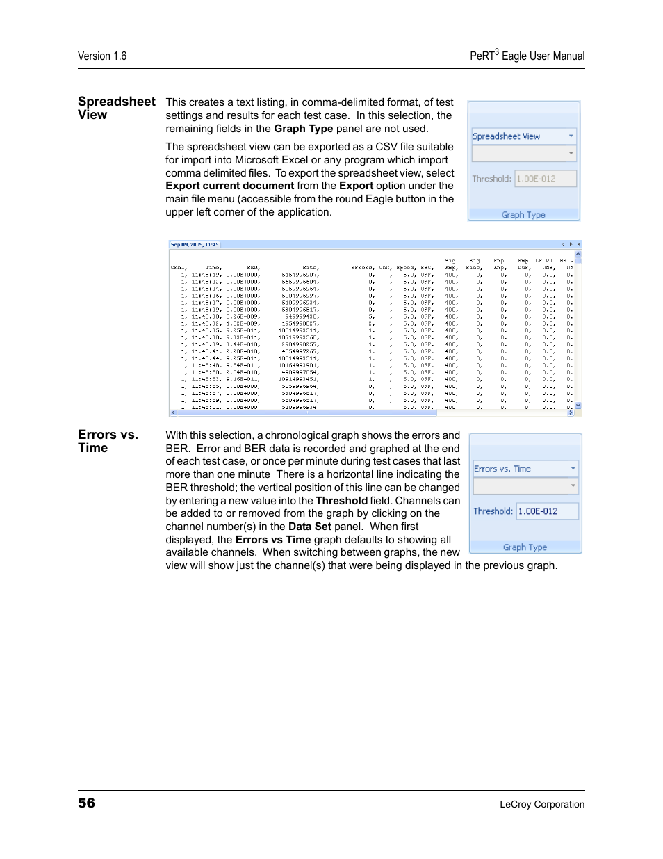 Spreadsheet view, Errors vs. time, Spreadsheet view errors vs. time | Teledyne LeCroy PeRT3 Eagle Systems User Manual | Page 60 / 84