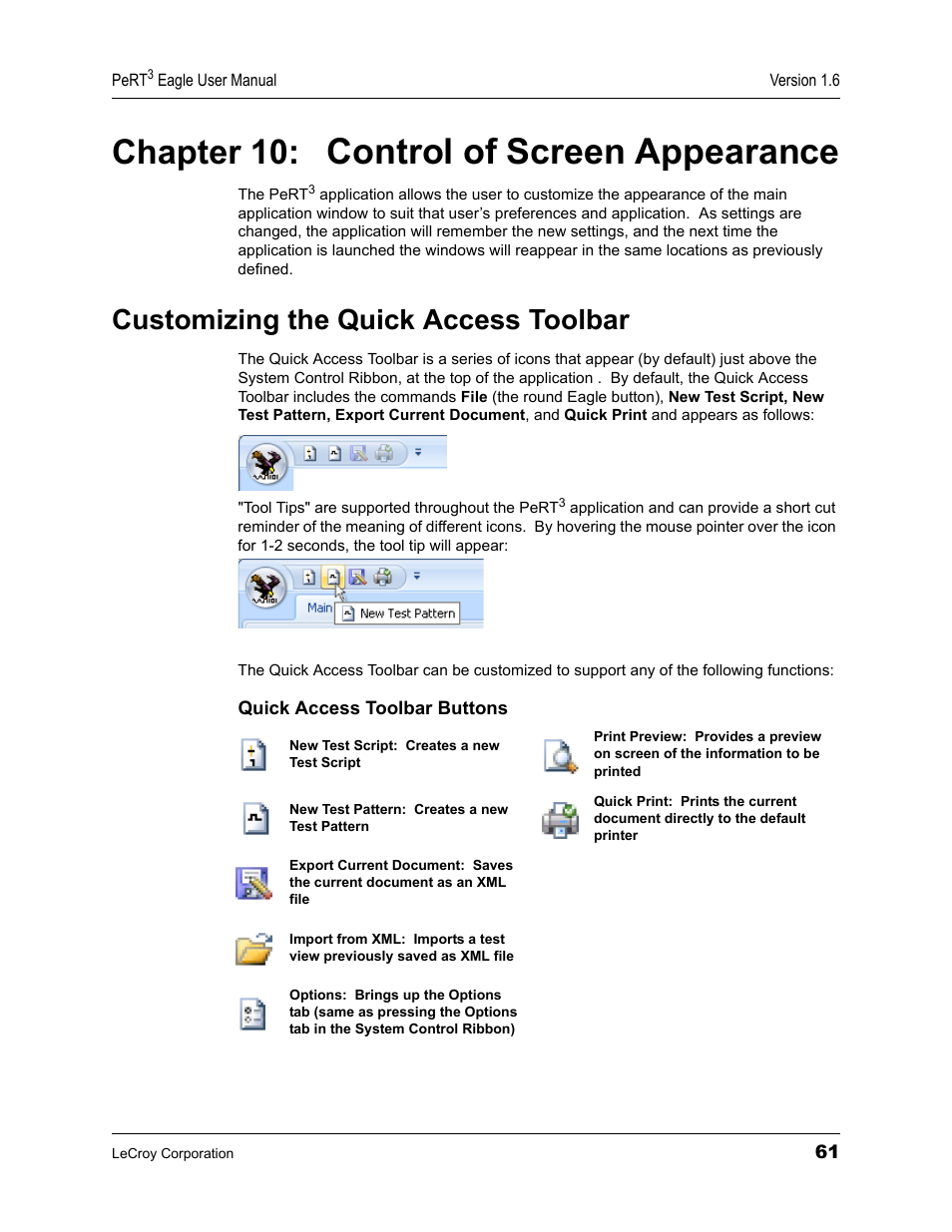 Chapter 10: control of screen appearance, Customizing the quick access toolbar, Chapter 10 control of screen appearance | Control of screen appearance, Chapter 10 | Teledyne LeCroy PeRT3 Eagle Systems User Manual | Page 65 / 84