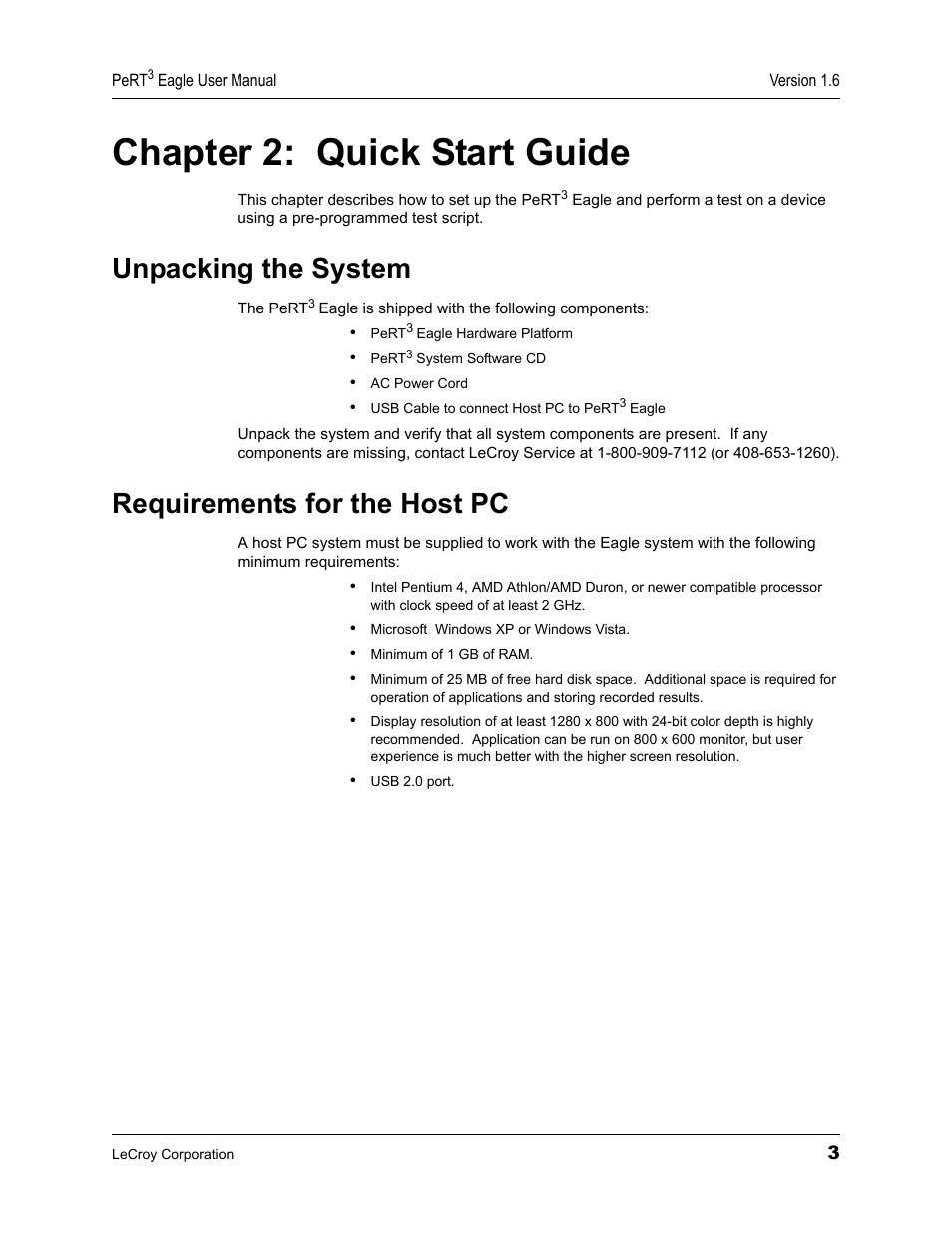 Chapter 2: quick start guide, Unpacking the system, Requirements for the host pc | Chapter 2, Quick start guide, Unpacking the system requirements for the host pc | Teledyne LeCroy PeRT3 Eagle Systems User Manual | Page 7 / 84
