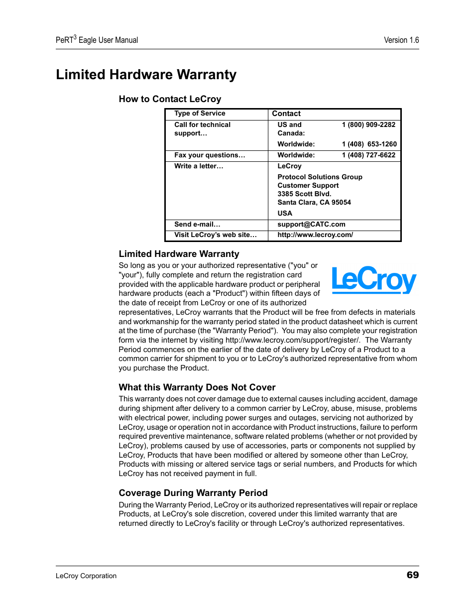 Limited hardware warranty | Teledyne LeCroy PeRT3 Eagle Systems User Manual | Page 73 / 84