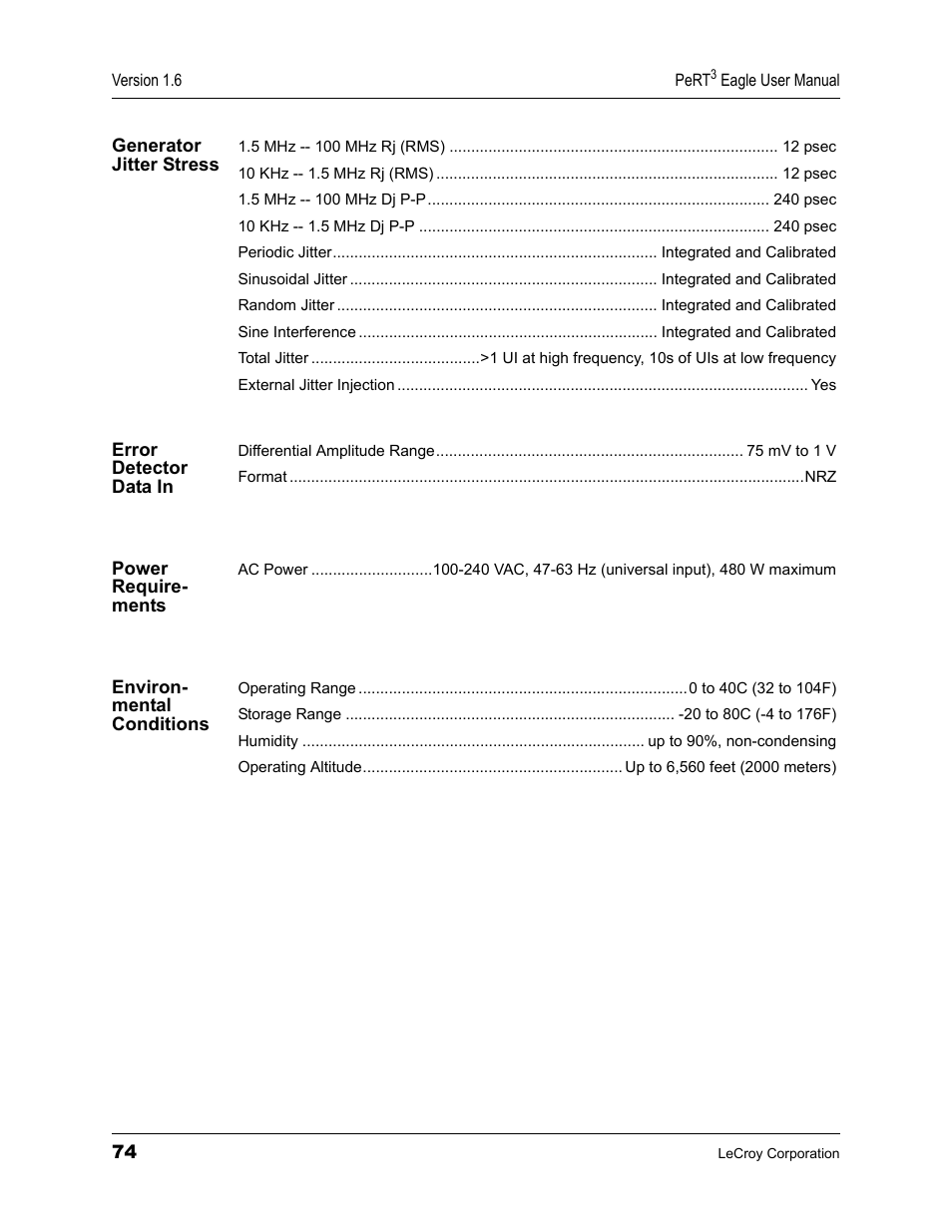 Generator jitter stress, Error detector data in, Power require- ments | Environ- mental conditions | Teledyne LeCroy PeRT3 Eagle Systems User Manual | Page 78 / 84