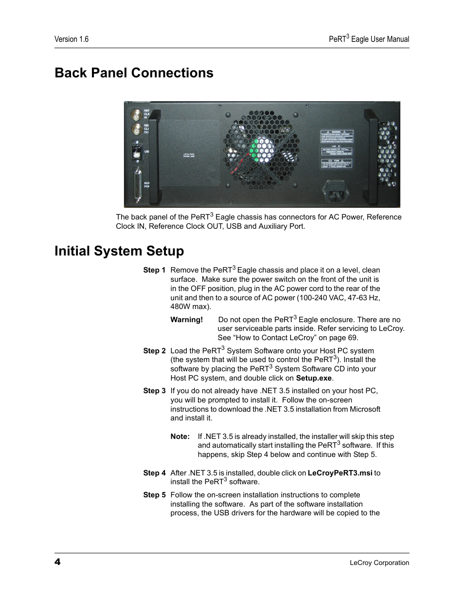 Back panel connections, Initial system setup, Back panel connections initial system setup | Teledyne LeCroy PeRT3 Eagle Systems User Manual | Page 8 / 84