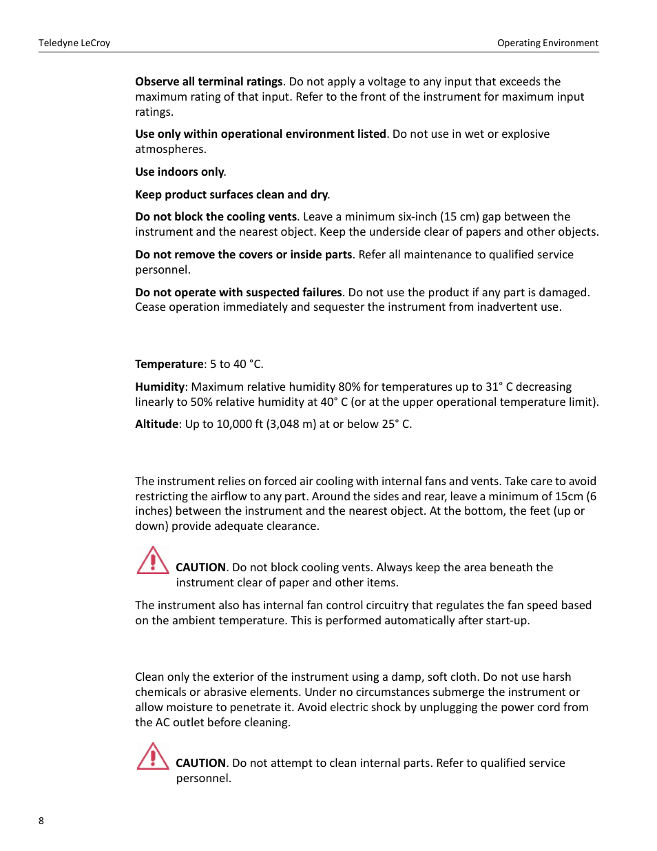 Operating environment, Cooling, Cleaning | Teledyne LeCroy PeRT3 Phoenix System User Manual | Page 10 / 122