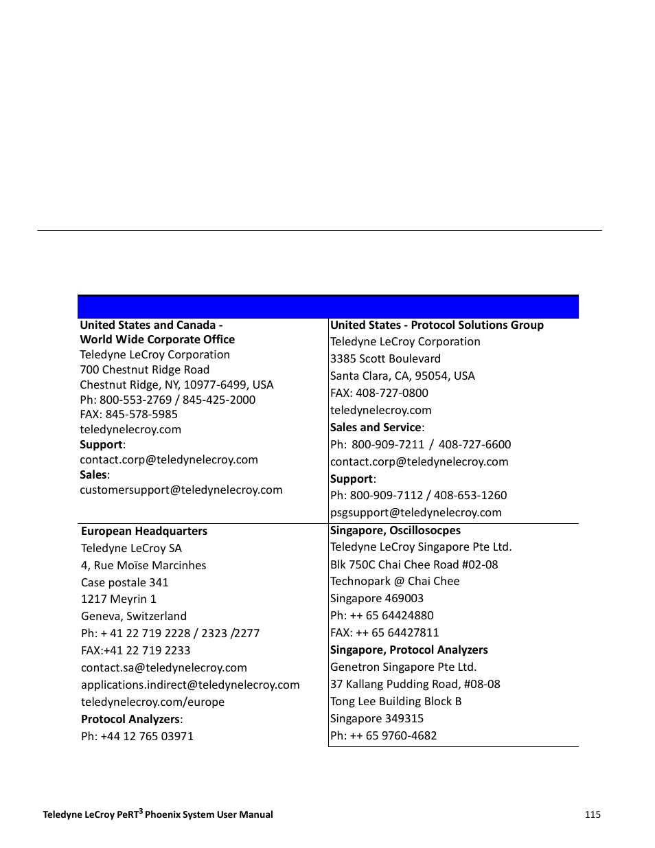 Appendix b, Contact teledyne lecroy | Teledyne LeCroy PeRT3 Phoenix System User Manual | Page 117 / 122