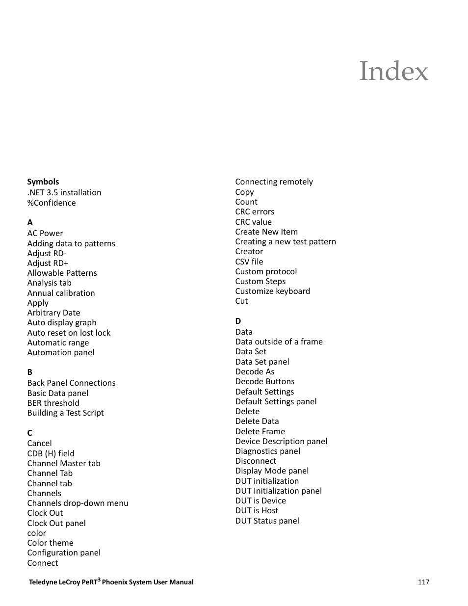 Index | Teledyne LeCroy PeRT3 Phoenix System User Manual | Page 119 / 122