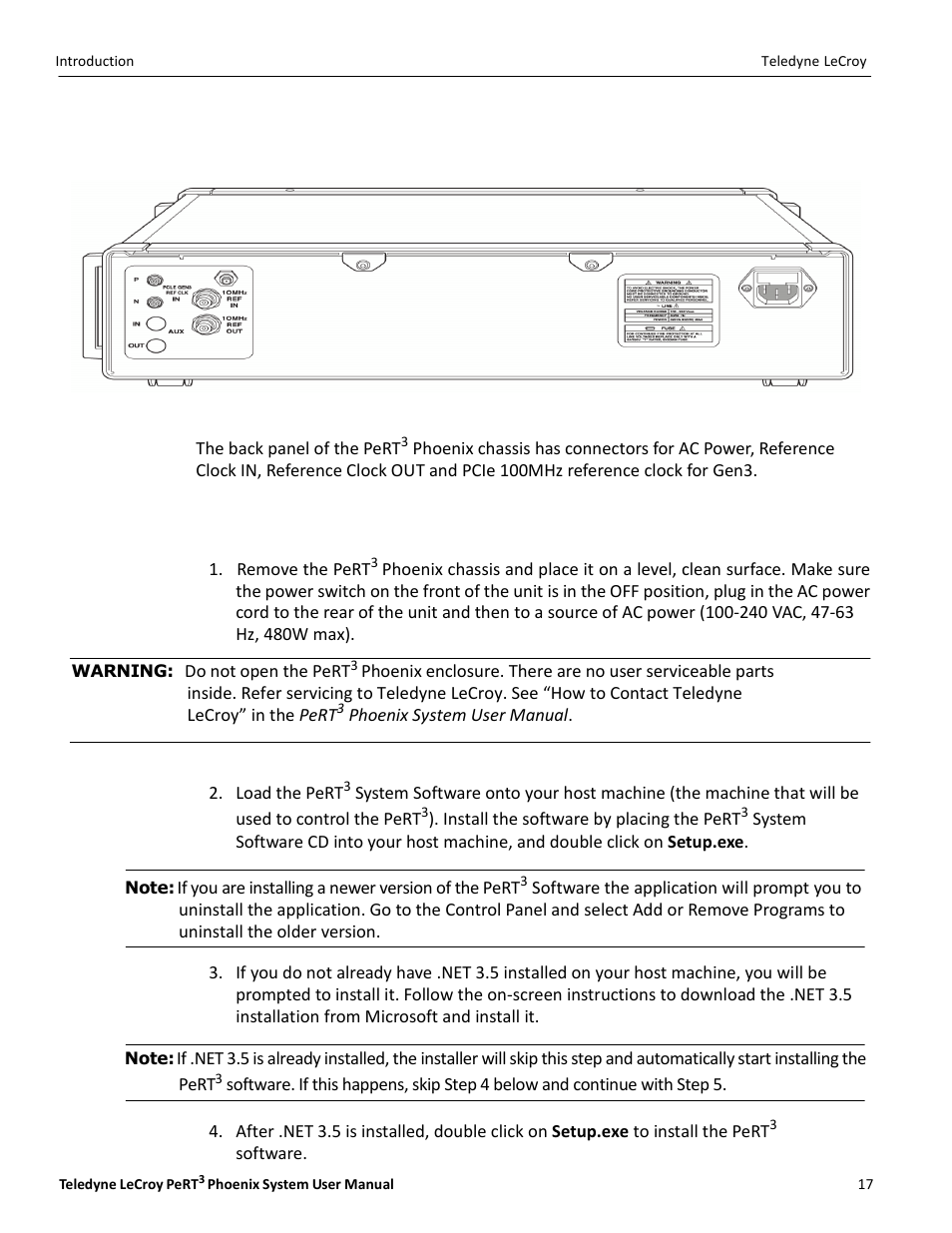 Back panel connections, Initial system setup | Teledyne LeCroy PeRT3 Phoenix System User Manual | Page 19 / 122