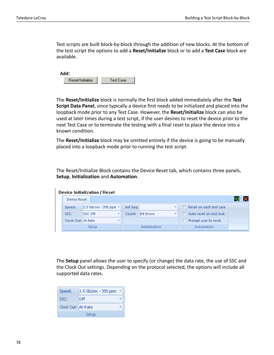 Building a test script block-by-block, Reset/ initialize block | Teledyne LeCroy PeRT3 Phoenix System User Manual | Page 80 / 122