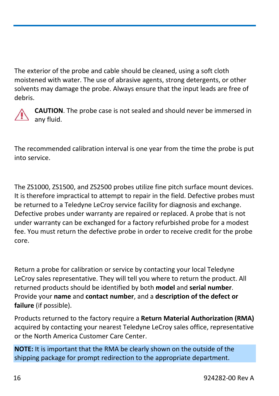 Care and maintenance, Cleaning, Calibration interval | Service strategy, Returning a probe for calibration or service | Teledyne LeCroy ZS2500 User Manual | Page 22 / 36