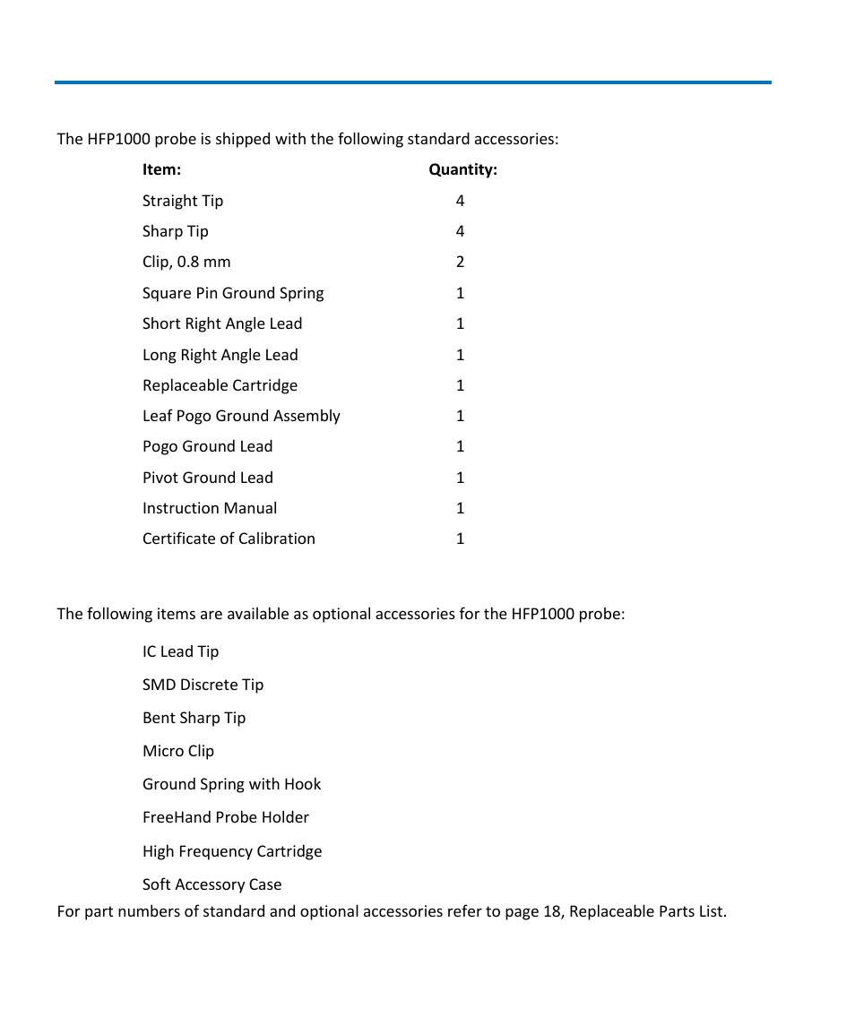Standard accessories, Optional accessories | Teledyne LeCroy HFP1000 User Manual | Page 10 / 46