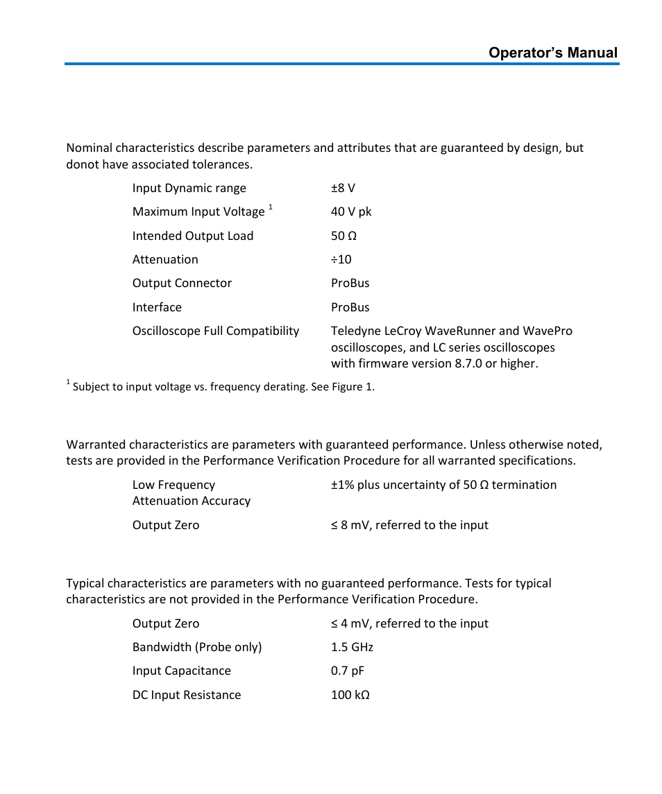 Specifications, Nominal characteristics, Warranted characteristics | Typical characteristics | Teledyne LeCroy HFP1000 User Manual | Page 11 / 46