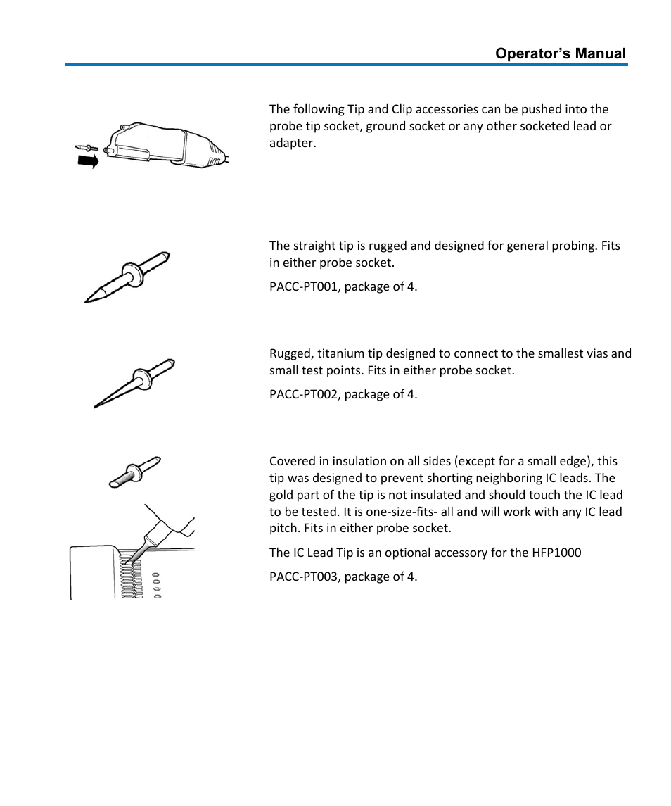 Accessory descriptions, Tips | Teledyne LeCroy HFP1000 User Manual | Page 15 / 46