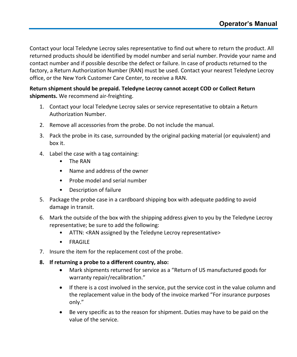 Returning a defective probe | Teledyne LeCroy HFP1000 User Manual | Page 23 / 46
