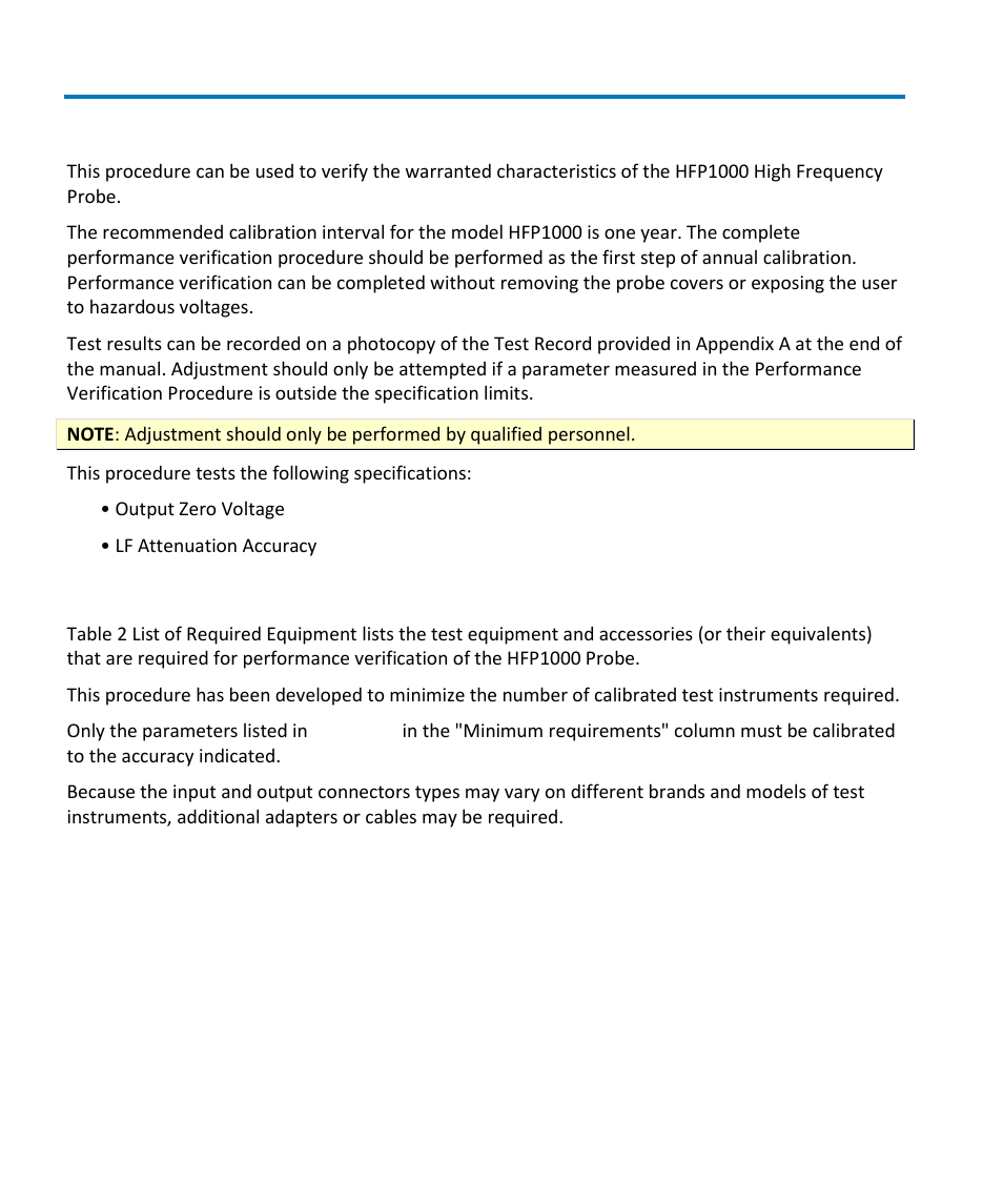 Performance verification, Test equipment required | Teledyne LeCroy HFP1000 User Manual | Page 28 / 46