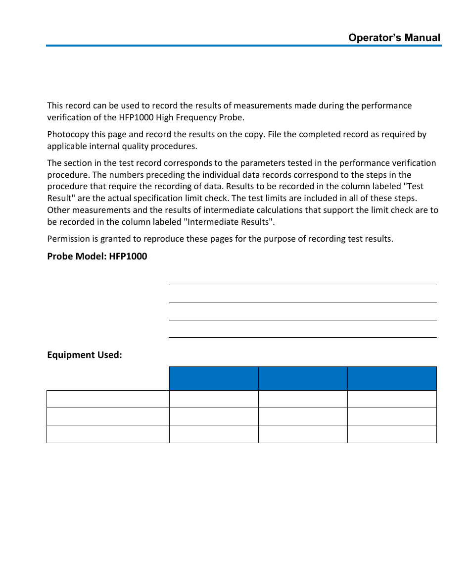 Appendix a, Performance verification test record | Teledyne LeCroy HFP1000 User Manual | Page 43 / 46
