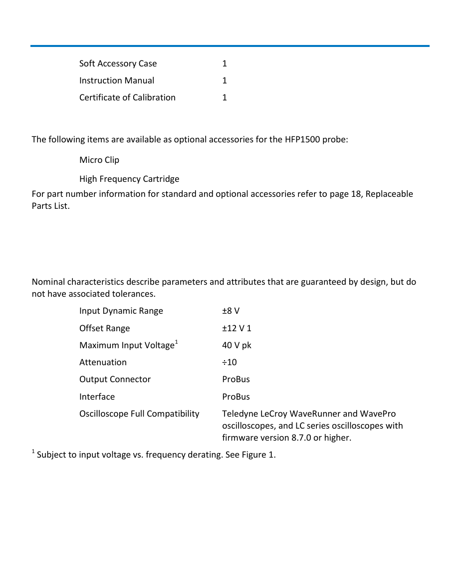 Specifications, Optional accessories, Nominal characteristics | Teledyne LeCroy HFP1500 User Manual | Page 10 / 48
