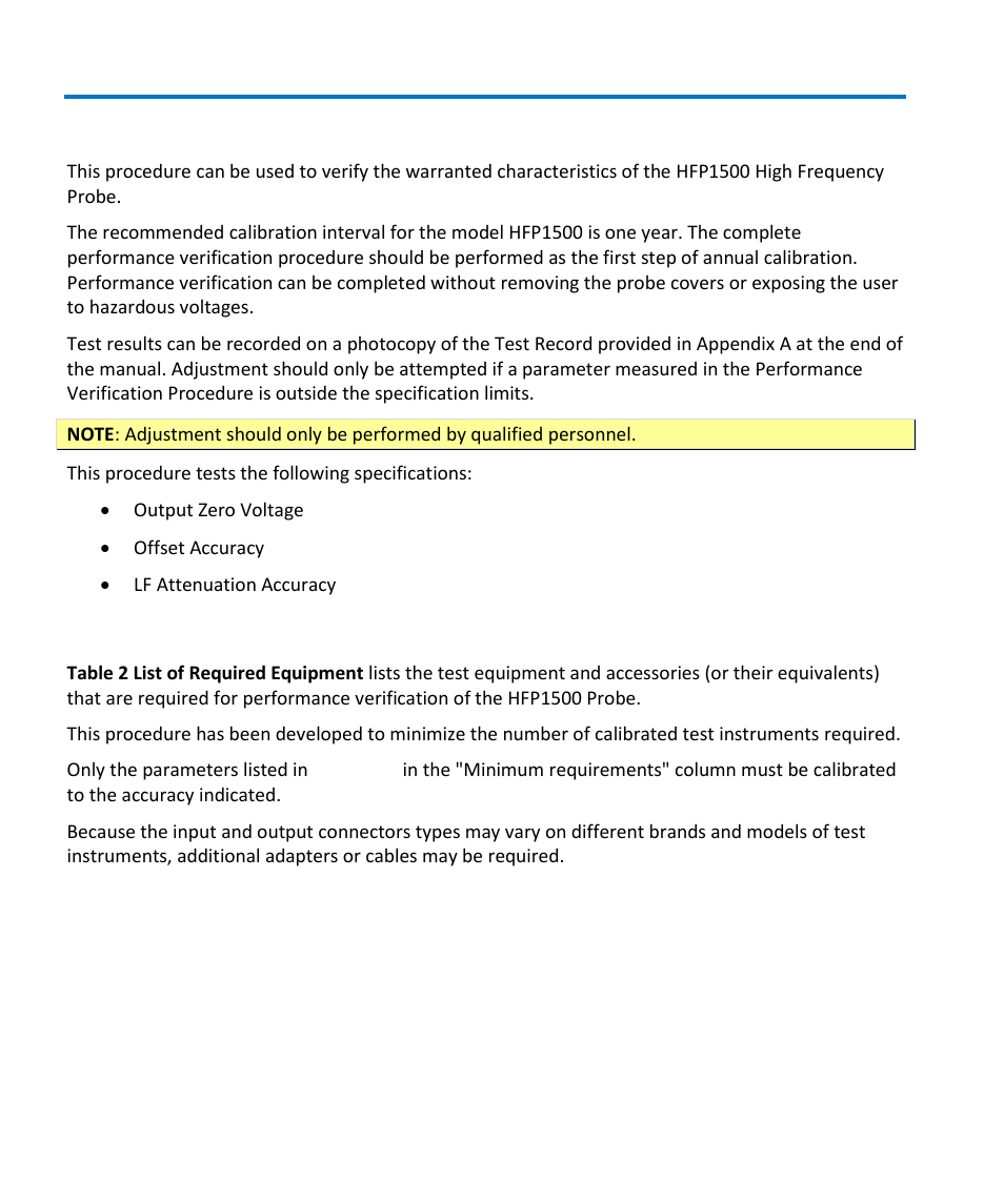 Performance verification, Test equipment required | Teledyne LeCroy HFP1500 User Manual | Page 28 / 48