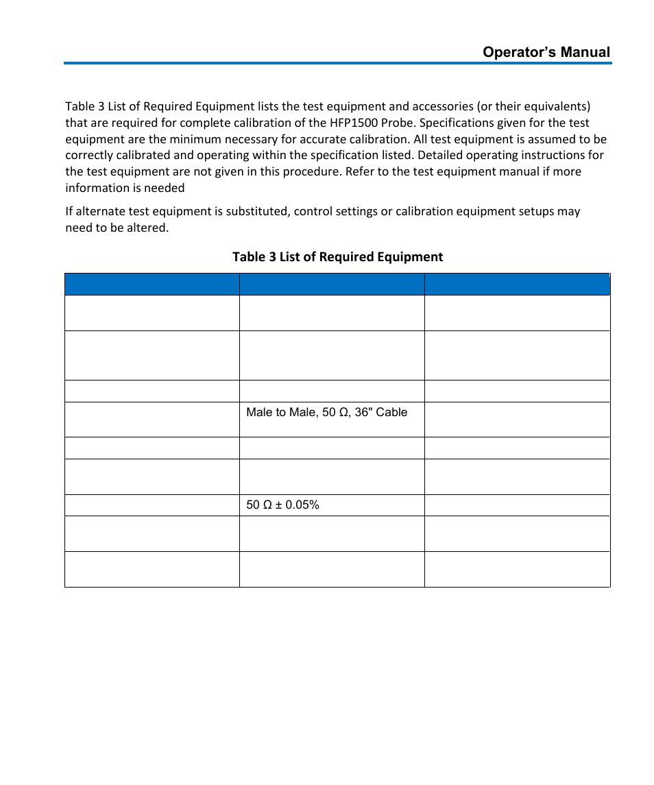Test equipment required, Operator’s manual, Table 3 list of required equipment | Teledyne LeCroy HFP1500 User Manual | Page 37 / 48