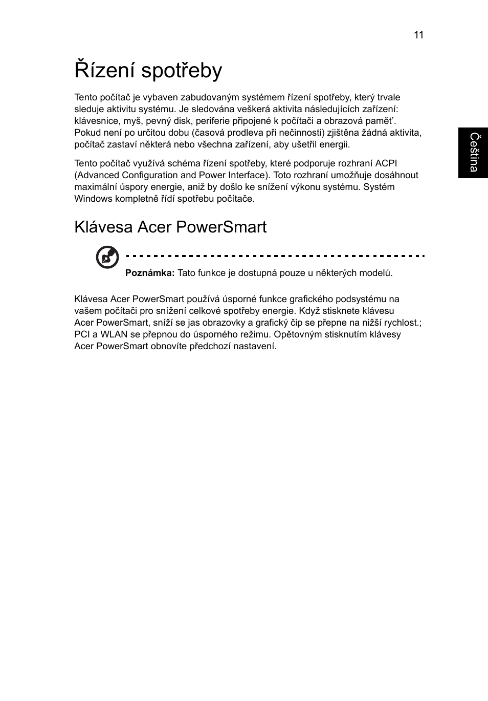 Řízení spotřeby, Klávesa acer powersmart | Acer Aspire Series User Manual | Page 1037 / 2206