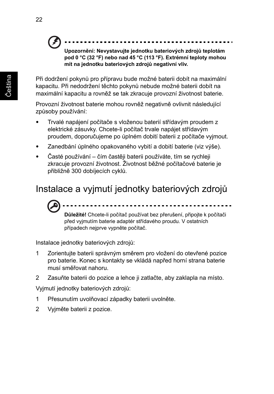 Instalace a vyjmutí jednotky bateriových zdrojů | Acer Aspire Series User Manual | Page 1048 / 2206