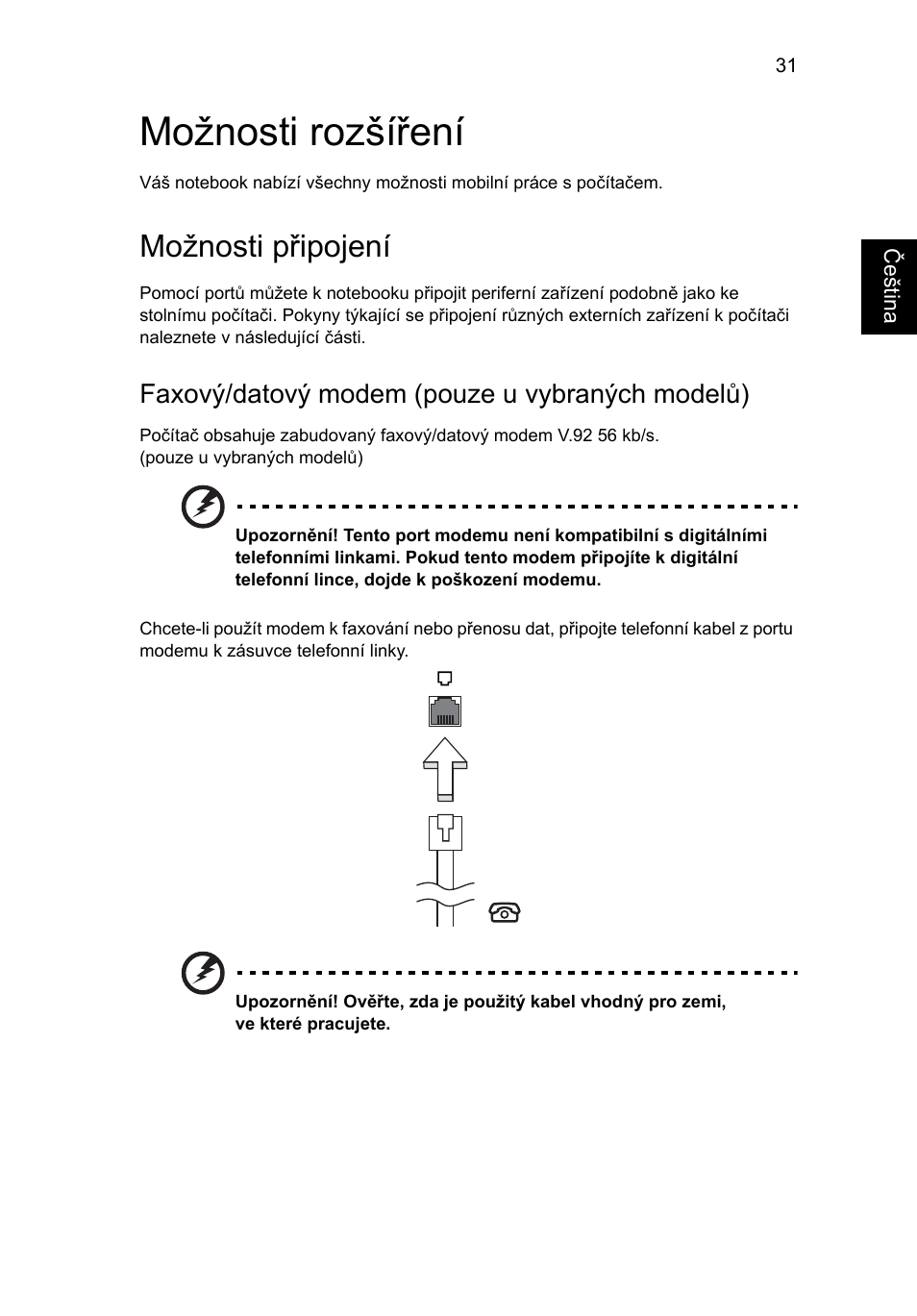 Možnosti rozšíření, Možnosti připojení, Faxový/datový modem (pouze u vybraných modelů) | Acer Aspire Series User Manual | Page 1057 / 2206