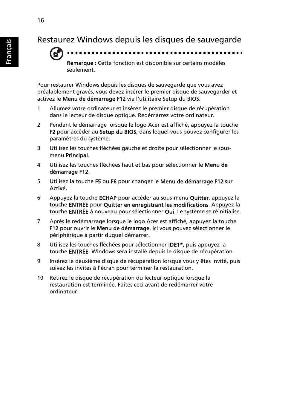 Restaurez windows depuis les disques de sauvegarde | Acer Aspire Series User Manual | Page 110 / 2206