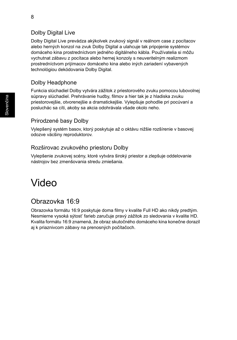 Video, Obrazovka 16:9 | Acer Aspire Series User Manual | Page 1104 / 2206