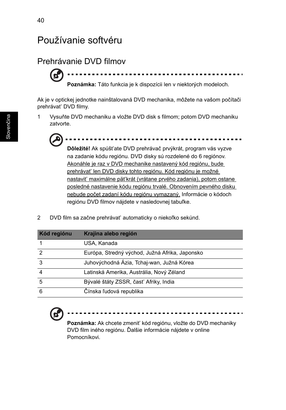 Používanie softvéru, Prehrávanie dvd filmov | Acer Aspire Series User Manual | Page 1136 / 2206