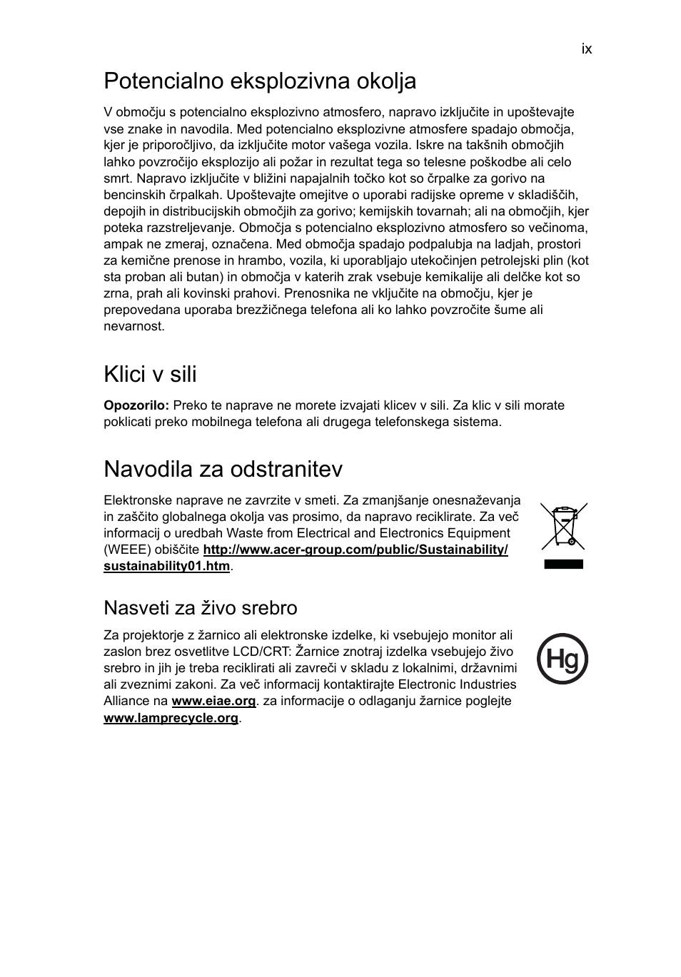 Potencialno eksplozivna okolja, Klici v sili, Navodila za odstranitev | Nasveti za živo srebro | Acer Aspire Series User Manual | Page 1155 / 2206
