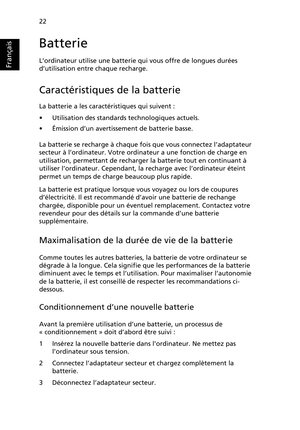 Batterie, Caractéristiques de la batterie, Maximalisation de la durée de vie de la batterie | Acer Aspire Series User Manual | Page 116 / 2206