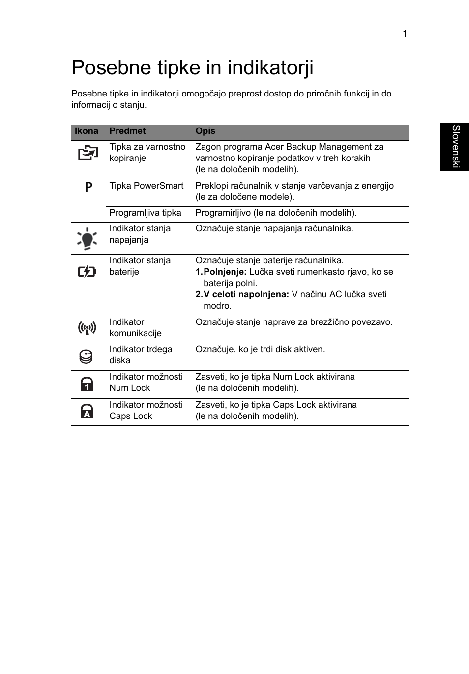 Posebne tipke in indikatorji | Acer Aspire Series User Manual | Page 1167 / 2206