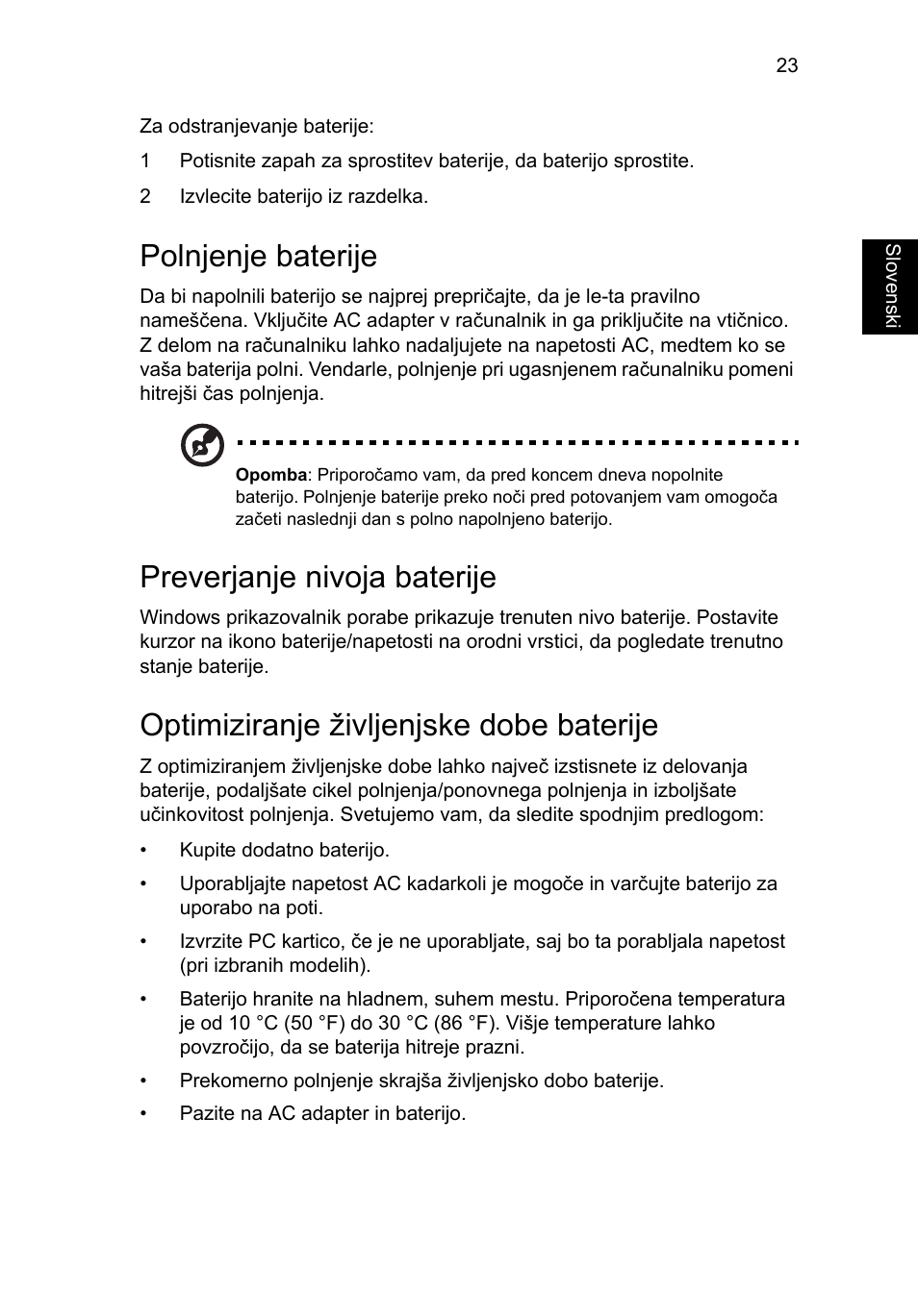 Polnjenje baterije, Preverjanje nivoja baterije, Optimiziranje življenjske dobe baterije | Acer Aspire Series User Manual | Page 1189 / 2206