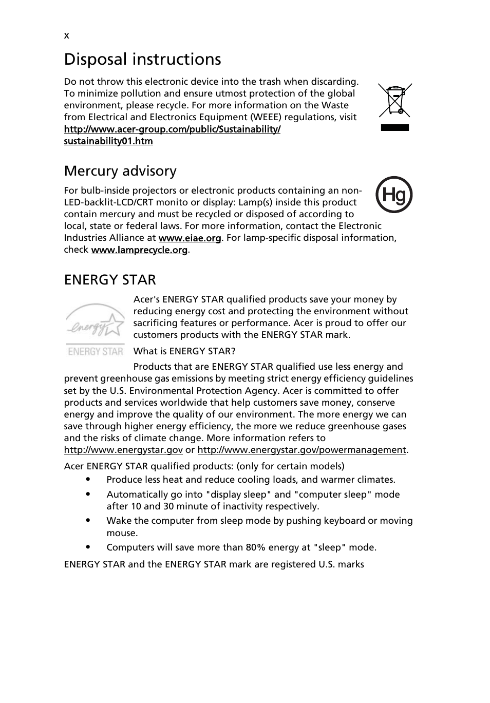 Disposal instructions, Mercury advisory, Energy star | Acer Aspire Series User Manual | Page 12 / 2206