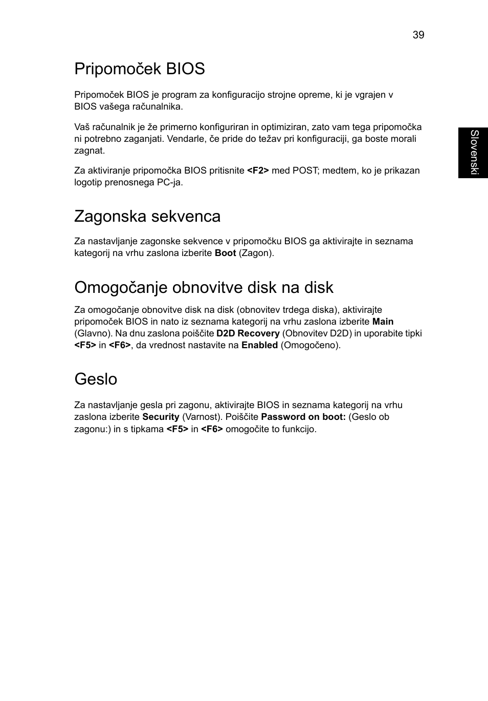 Pripomoček bios, Zagonska sekvenca, Omogočanje obnovitve disk na disk | Geslo | Acer Aspire Series User Manual | Page 1205 / 2206