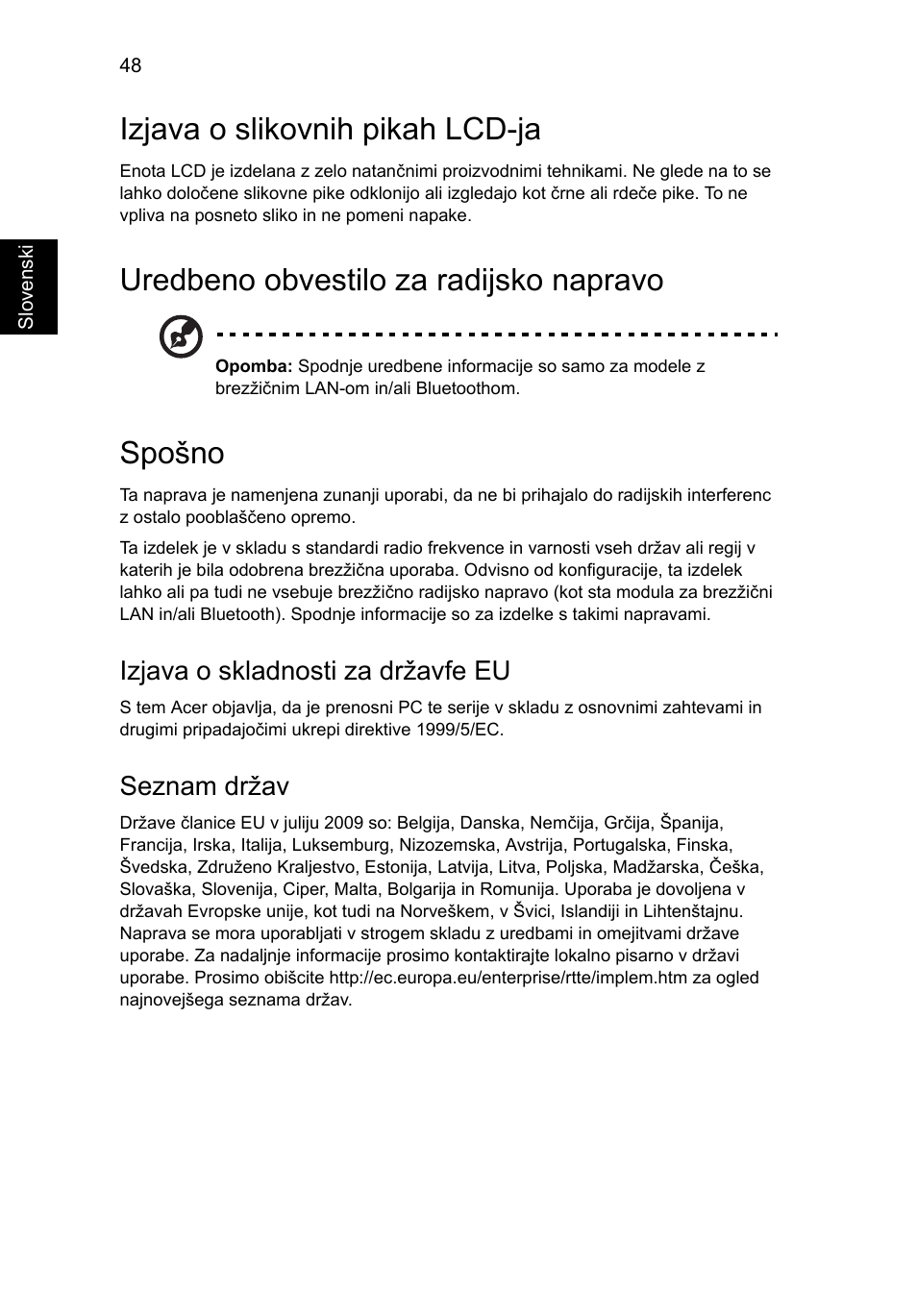 Izjava o slikovnih pikah lcd-ja, Uredbeno obvestilo za radijsko napravo, Spošno | Izjava o skladnosti za državfe eu, Seznam držav | Acer Aspire Series User Manual | Page 1214 / 2206