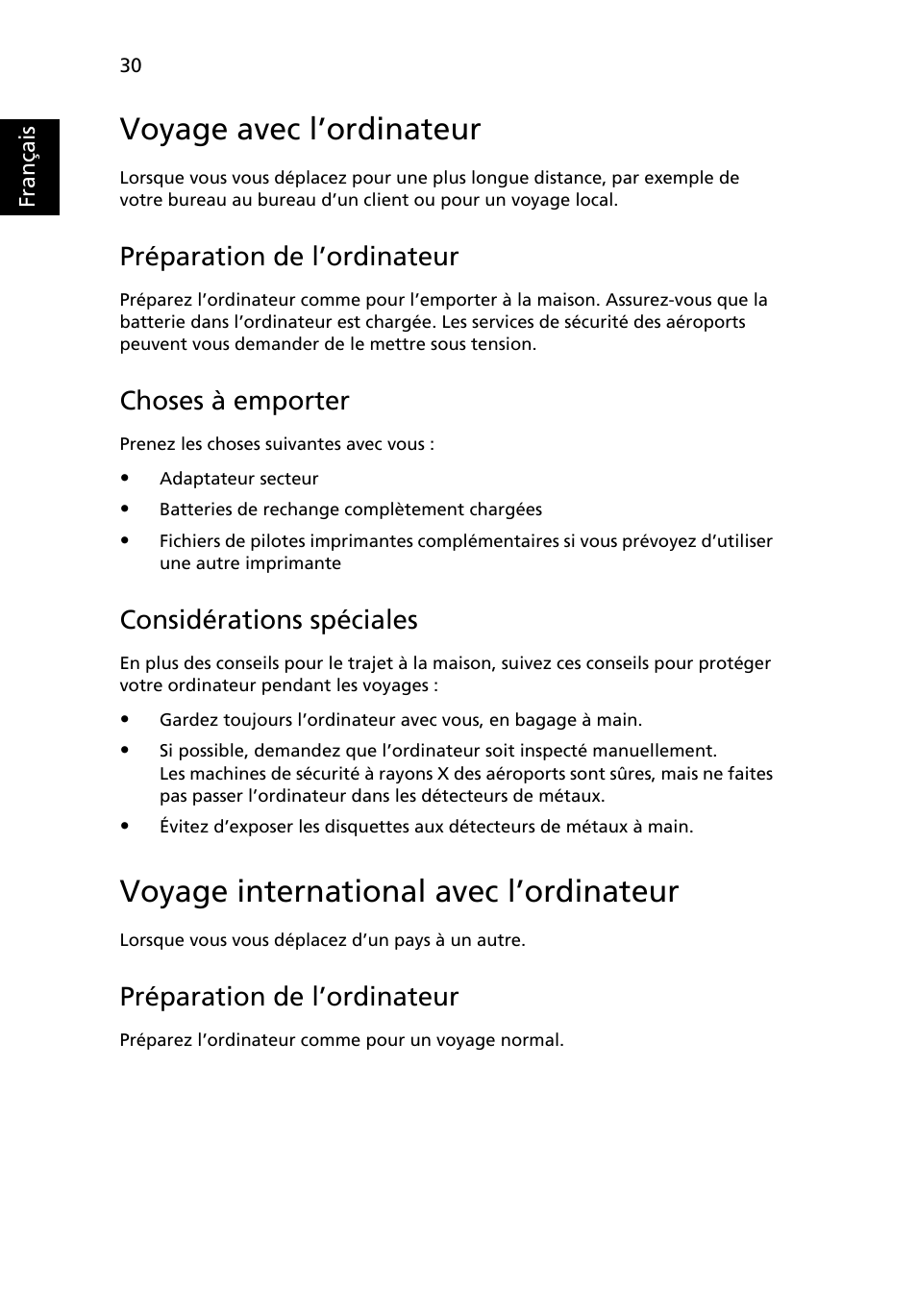 Voyage avec l’ordinateur, Voyage international avec l’ordinateur, Préparation de l’ordinateur | Choses à emporter, Considérations spéciales | Acer Aspire Series User Manual | Page 124 / 2206