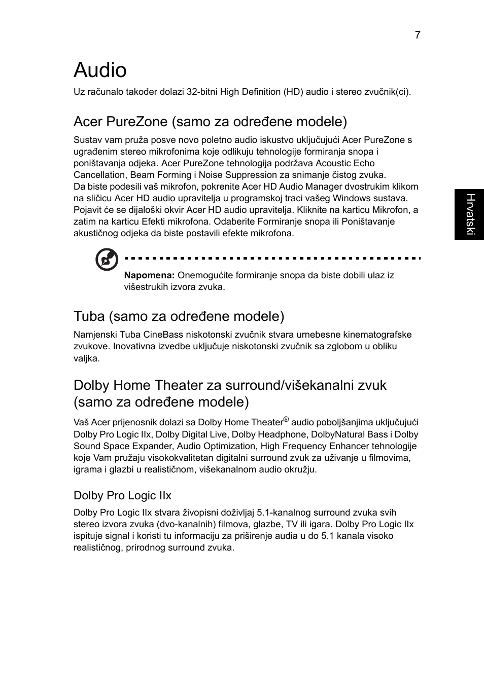 Audio, Acer purezone (samo za određene modele), Tuba (samo za određene modele) | Acer Aspire Series User Manual | Page 1243 / 2206