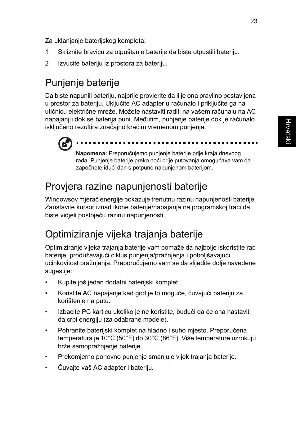 Punjenje baterije, Provjera razine napunjenosti baterije, Optimiziranje vijeka trajanja baterije | Acer Aspire Series User Manual | Page 1259 / 2206