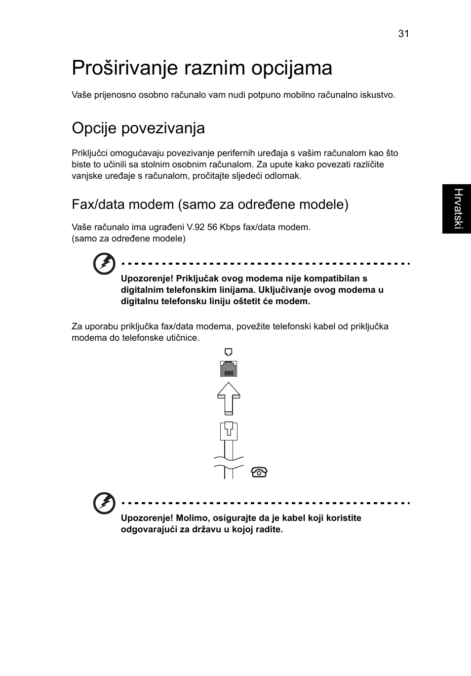 Proširivanje raznim opcijama, Opcije povezivanja, Fax/data modem (samo za određene modele) | Acer Aspire Series User Manual | Page 1267 / 2206