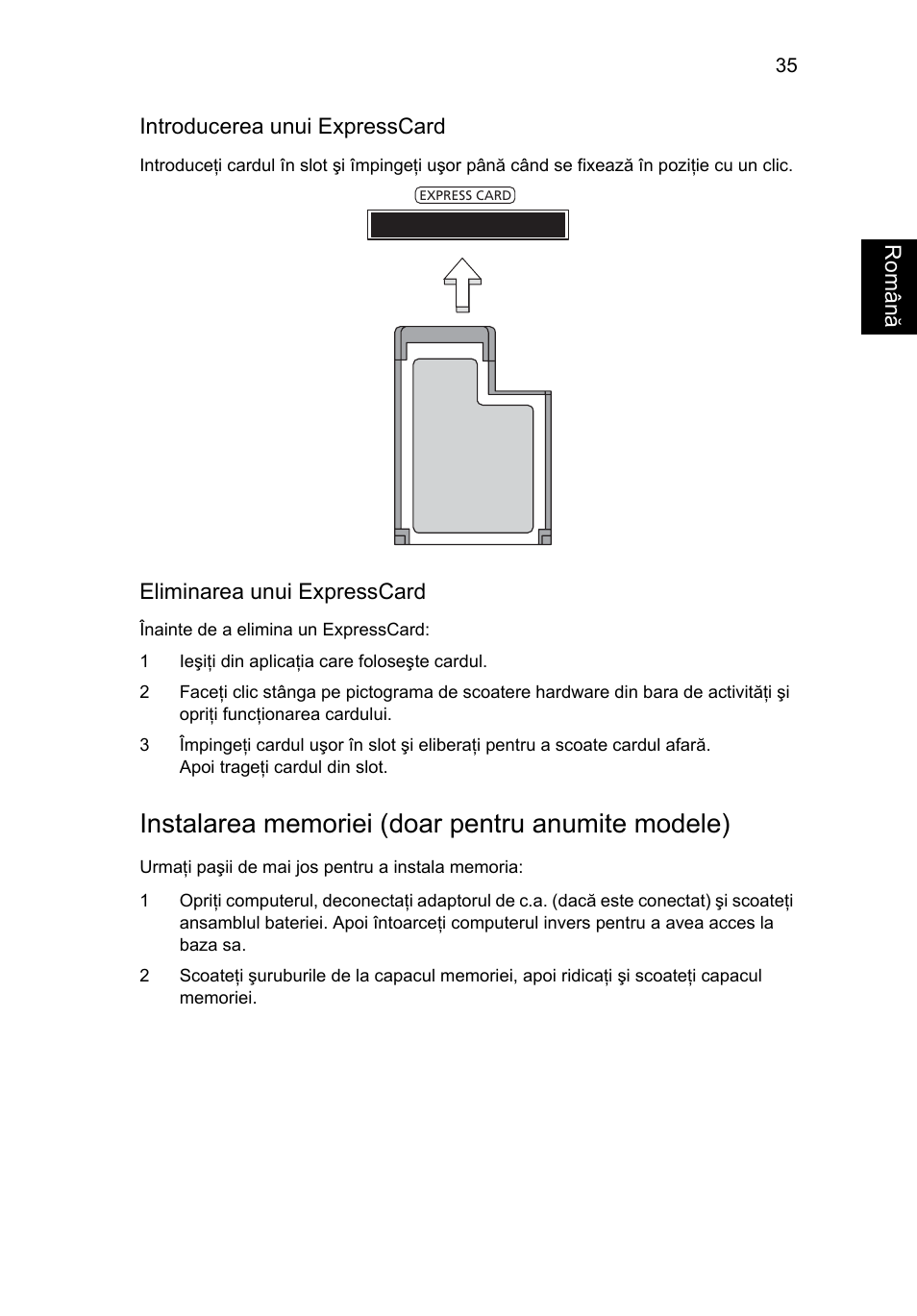 Instalarea memoriei (doar pentru anumite modele) | Acer Aspire Series User Manual | Page 1343 / 2206