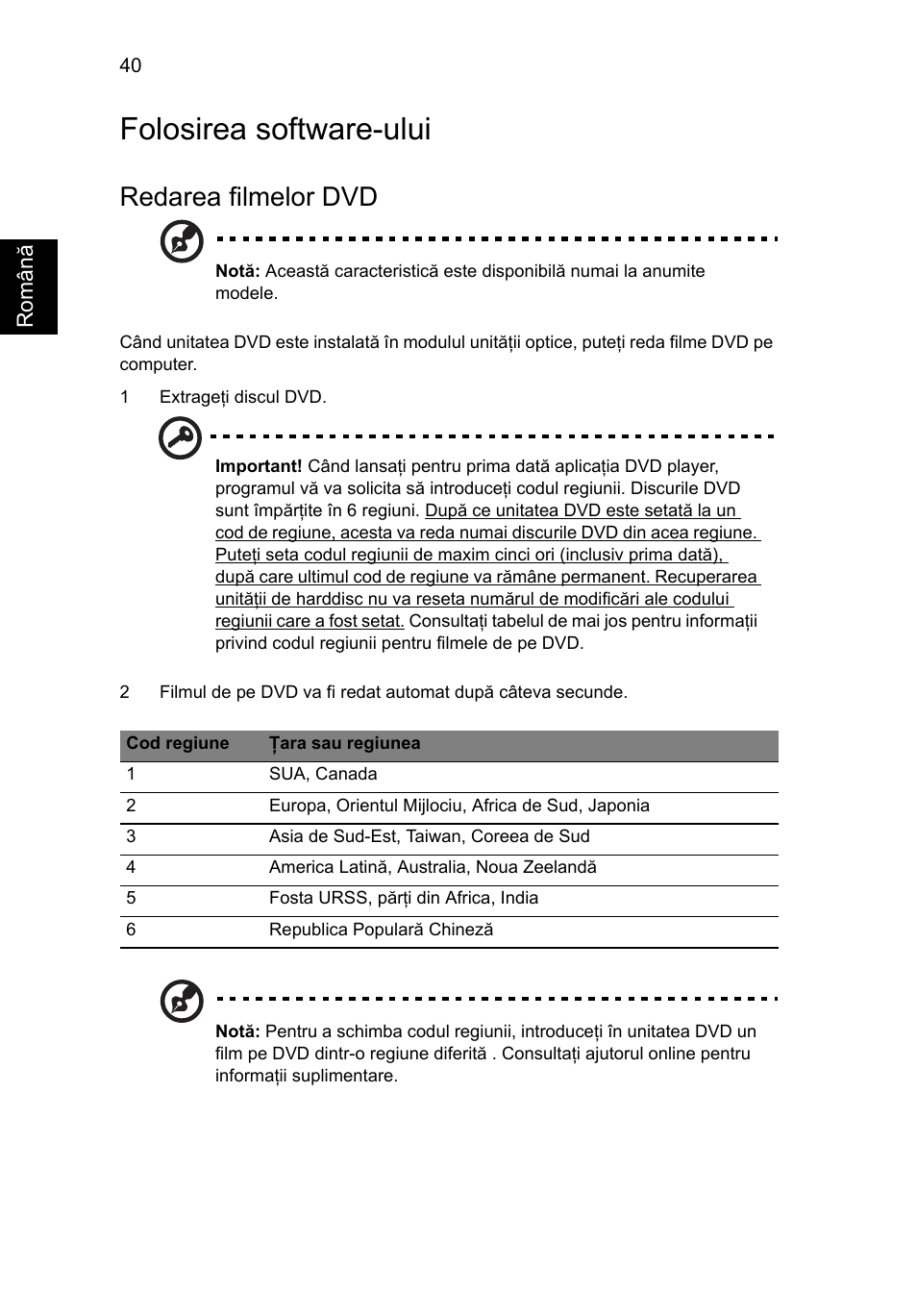 Folosirea software-ului, Redarea filmelor dvd | Acer Aspire Series User Manual | Page 1348 / 2206