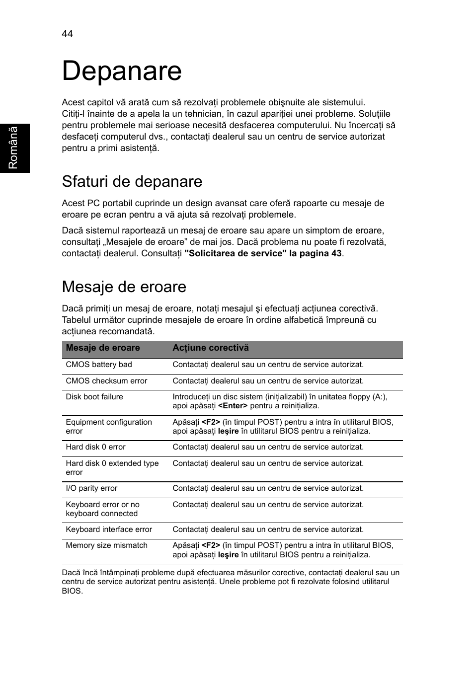 Depanare, Sfaturi de depanare, Mesaje de eroare | Acer Aspire Series User Manual | Page 1352 / 2206