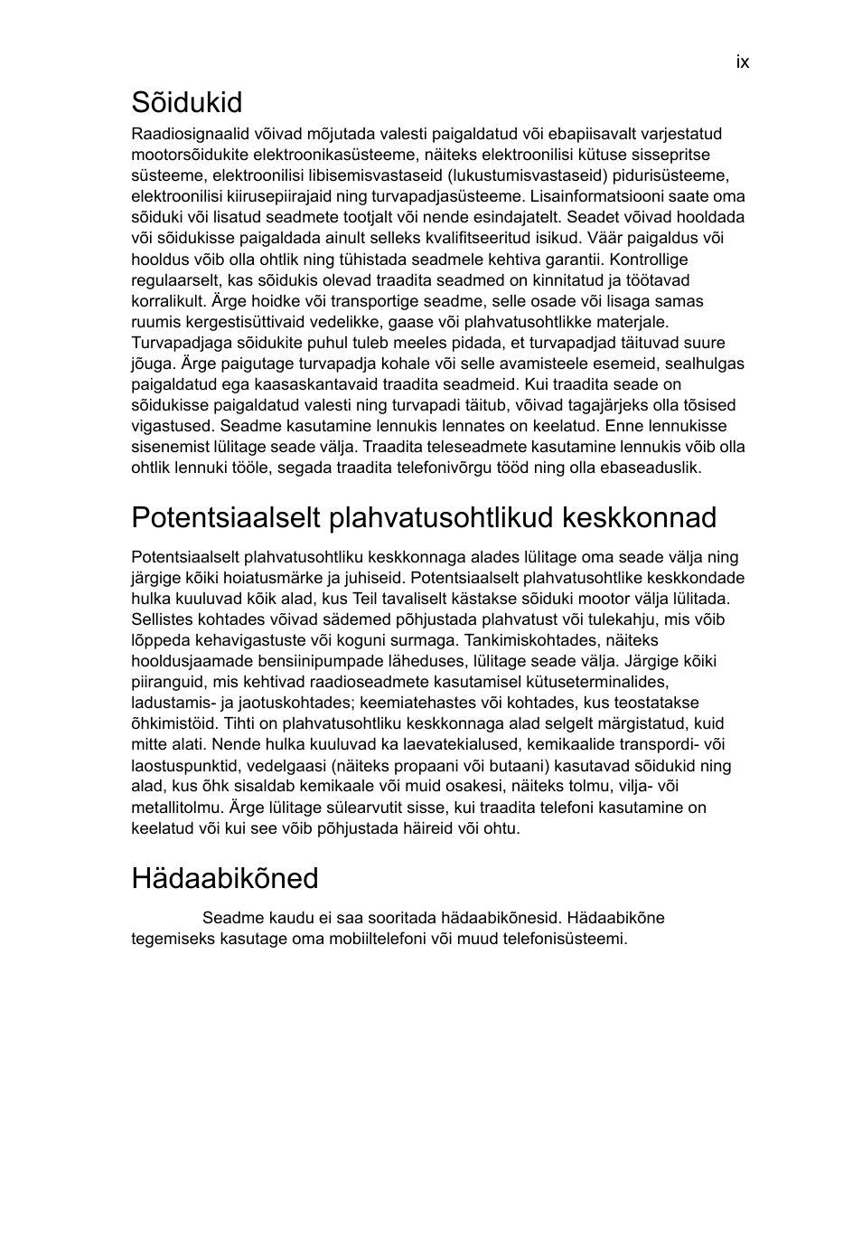 Sõidukid, Potentsiaalselt plahvatusohtlikud keskkonnad, Hädaabikõned | Acer Aspire Series User Manual | Page 1441 / 2206