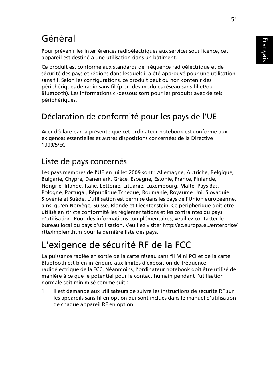 Général, L’exigence de sécurité rf de la fcc, Français | Déclaration de conformité pour les pays de l’ue, Liste de pays concernés | Acer Aspire Series User Manual | Page 145 / 2206