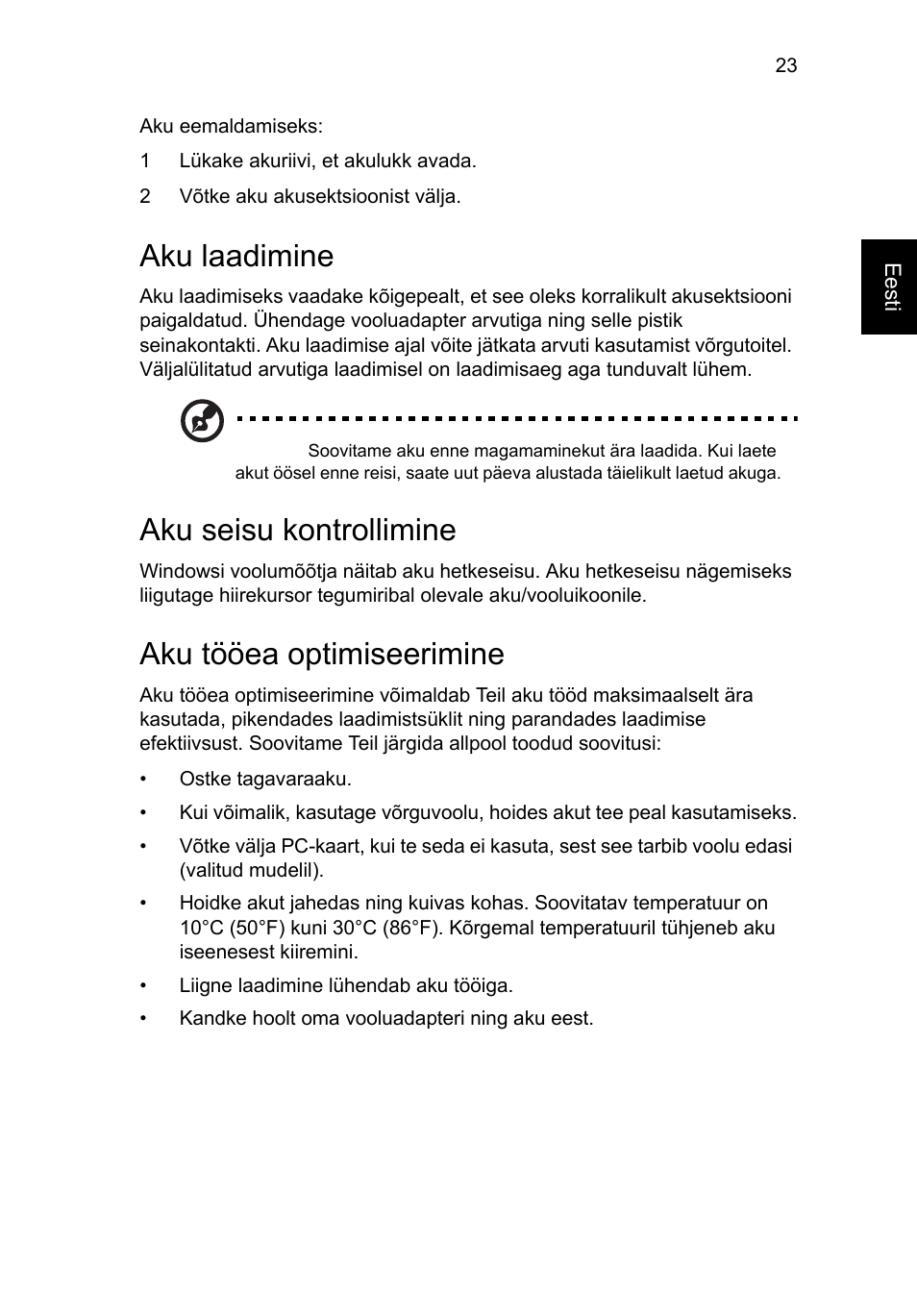 Aku laadimine, Aku seisu kontrollimine, Aku tööea optimiseerimine | Acer Aspire Series User Manual | Page 1475 / 2206