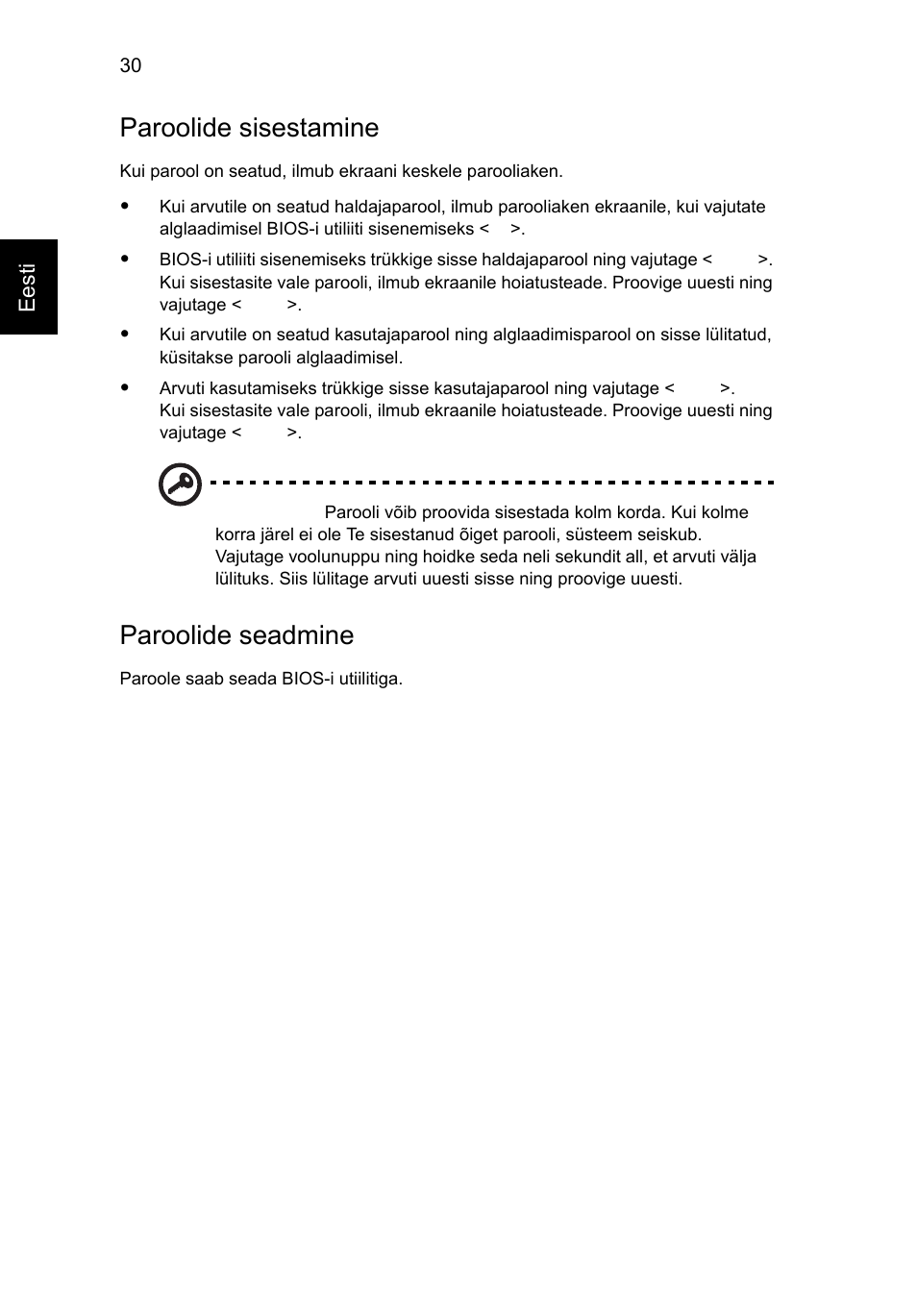 Paroolide sisestamine, Paroolide seadmine | Acer Aspire Series User Manual | Page 1482 / 2206